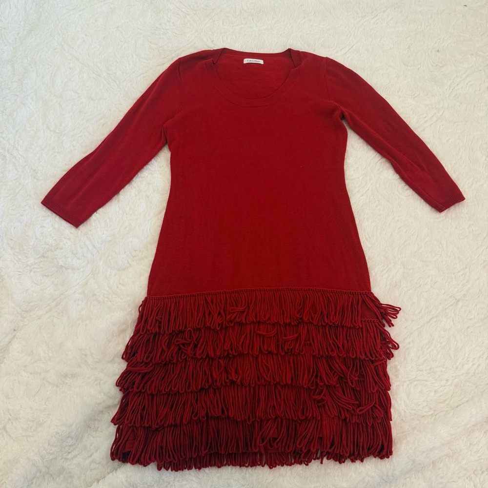 Calvin Klein Crimson Fringe Knit Dress- 1920 style